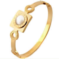 Stainless Steel Bangle, 316L Stainless Steel, with White Shell, Square, gold color plated, 18mm, Inner Approx 
