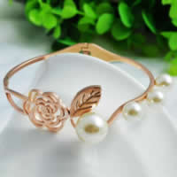 Stainless Steel Bangle, 316L Stainless Steel, Flower, rose gold color plated, with glass pearl, Inner Approx 
