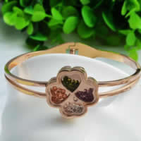 Stainless Steel Bangle, 316L Stainless Steel, with Rhinestone, Four Leaf Clover, rose gold color plated, 23mm, Inner Approx 