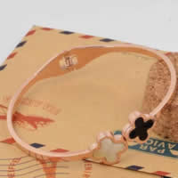Stainless Steel Bangle, 316L Stainless Steel, with White Shell & Acrylic, Flower, rose gold color plated, 12mm, Inner Approx 