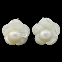 Freshwater Shell Earring, with Freshwater Pearl, brass post pin, Flower, natural 