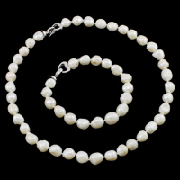 Brass Freshwater Pearl Jewelry Sets, bracelet & necklace, brass foldover clasp, Baroque, natural, white, 10-11mm Approx 8 , Approx 18 
