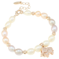 Cultured Freshwater Pearl Brass Bracelet, brass lobster clasp, with 5.5cm extender chain, Elephant, natural, micro pave cubic zirconia, multi-colored, 7-8mm Approx 7.5 Inch 