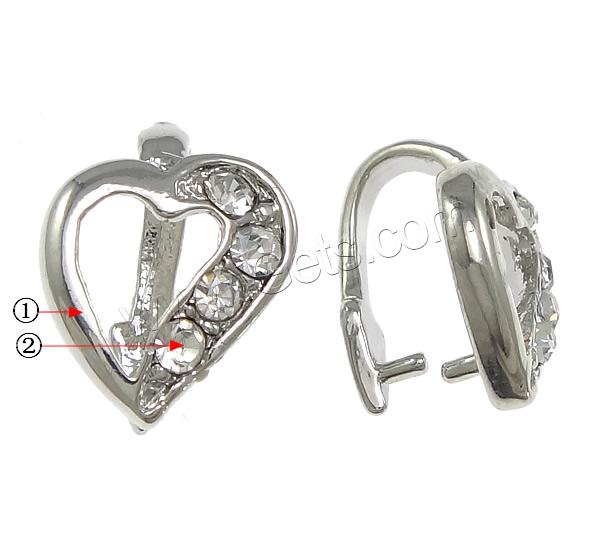 Zinc Alloy Pinch Bail, Heart, plated, with rhinestone, more colors for choice, nickel, lead & cadmium free, 10x13x2mm, 1mm, Sold By PC