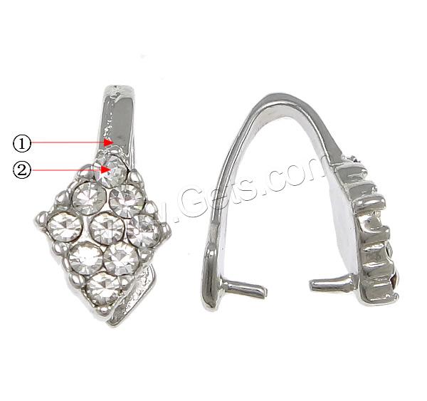 Zinc Alloy Pinch Bail, Rhombus, plated, with rhinestone, more colors for choice, nickel, lead & cadmium free, 7x15x2mm, 1mm, Sold By PC