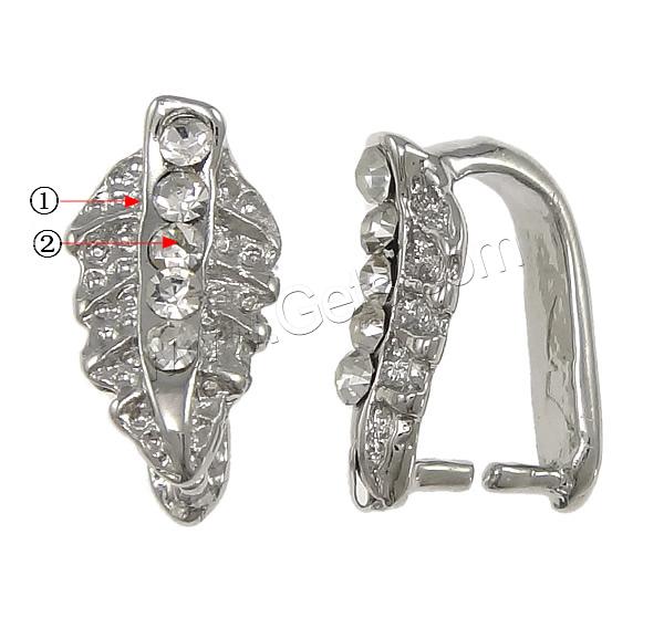 Zinc Alloy Pinch Bail, Leaf, plated, with rhinestone, more colors for choice, nickel, lead & cadmium free, 6x12x2mm, 1mm, Sold By PC