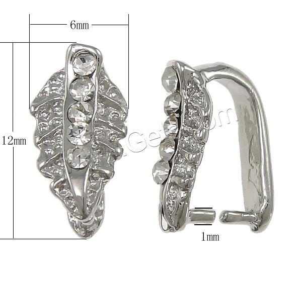 Zinc Alloy Pinch Bail, Leaf, plated, with rhinestone, more colors for choice, nickel, lead & cadmium free, 6x12x2mm, 1mm, Sold By PC