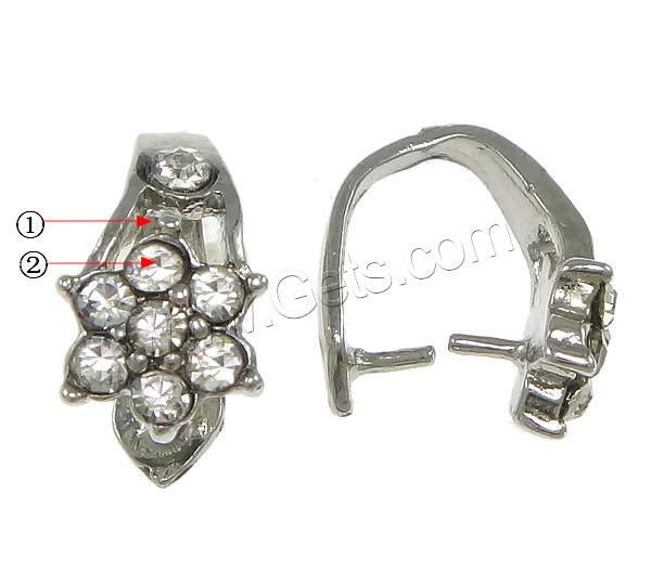 Zinc Alloy Pinch Bail, Flower, plated, with rhinestone, more colors for choice, nickel, lead & cadmium free, 7x13x3mm, 1mm, Sold By PC