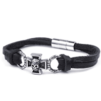 PU Leather Cord Bracelets, 316L stainless steel magnetic clasp, Skull Cross  & blacken, black, 41mm Approx 8 Inch 