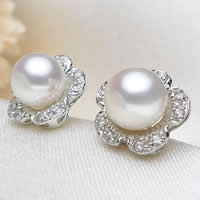 Freshwater Pearl Stud Earring, brass post pin, Flower, natural, micro pave cubic zirconia, white, 7-7.5mm 