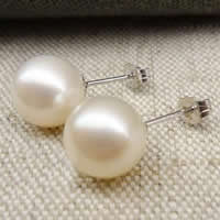 Freshwater Pearl Stud Earring, brass post pin, Round, natural, white, 9-9.5mm 