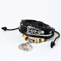 Cowhide Bracelets, with Waxed Cotton Cord & Wood & Zinc Alloy, plated, adjustable & , 170-240mm Approx 8 Inch 