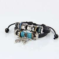 Cowhide Bracelets, with Waxed Cotton Cord & Wood & Zinc Alloy, plated, adjustable & , black, 170-240mm Approx 8 Inch 