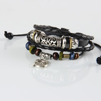 Cowhide Bracelets, with Waxed Cotton Cord & Hematite & Wood & Zinc Alloy, plated, braided & adjustable & , 170-240mm Approx 8 Inch [