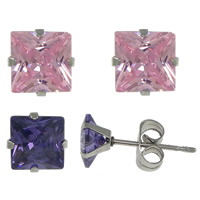 Stainless Steel Cubic Zirconia Stud Earring, Square, with cubic zirconia 