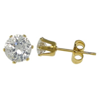 Stainless Steel Cubic Zirconia Stud Earring, gold color plated, with cubic zirconia, clear 