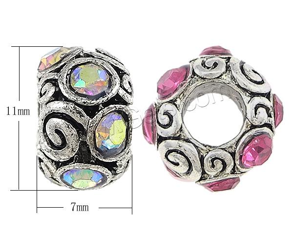 Rhinestone Brass European Beads, Rondelle, plated, without troll & with rhinestone, more colors for choice, 7x11mm, Hole:Approx 5mm, Sold By PC