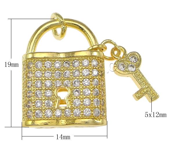 Cubic Zirconia Micro Pave Brass Pendant, Lock and Key, plated, micro pave 62 pcs cubic zirconia, more colors for choice, 14x19x5mm, 5x12x1.5mm, Hole:Approx 9x5mm, Sold By PC
