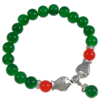 Green Agate Bracelets, with Red Agate & Zinc Alloy, Fish, natural, with rhinestone, 7.5mm Approx 7.5 Inch 