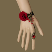Gothic Bracelet Ring, Lace, with Cotton & Crystal & Zinc Alloy, with 1.5Inch extender chain, Flower, plated, adjustable & faceted, red, nickel, lead & cadmium free US Ring .5 Approx 6 Inch 