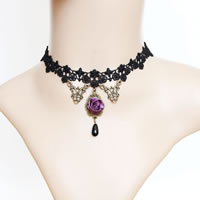 Gothic Necklace, Lace, with Satin Ribbon & Crystal & Zinc Alloy, with 1.5Inch extender chain, Flower, plated, black, nickel, lead & cadmium free Approx 12 Inch 