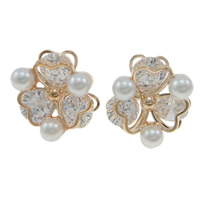 Cubic Zircon Brass Earring, with Cubic Zirconia & Glass Pearl, Flower, rose gold color plated, faceted 
