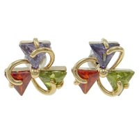 Cubic Zircon Brass Earring, Flower, gold color plated, with cubic zirconia, multi-colored, nickel, lead & cadmium free 