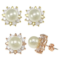 Cubic Zircon Brass Earring, Flat Round, plated, with glass pearl & with cubic zirconia nickel, lead & cadmium free 