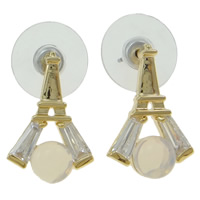 Cubic Zircon Brass Earring, with plastic earnut & Cubic Zirconia, Tower, gold color plated, with glass rhinestone & faceted, nickel, lead & cadmium free 