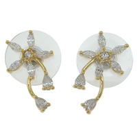 Cubic Zircon Brass Earring, with plastic earnut & Cubic Zirconia, Flower, gold color plated, nickel, lead & cadmium free 