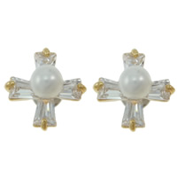 Cubic Zircon Brass Earring, with Glass Pearl, Cross, gold color plated, with cubic zirconia, nickel, lead & cadmium free 