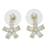 Cubic Zircon Brass Earring, with plastic earnut & Cubic Zirconia, Flower, gold color plated, faceted, nickel, lead & cadmium free 