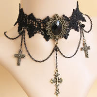 Gothic Necklace, Lace, with brass chain & Crystal & Resin, zinc alloy lobster clasp, with 2.5Inch extender chain, Cross, plated, faceted, black Approx 12 Inch 