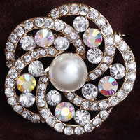 Rhinestone Zinc Alloy Brooch, with ABS Plastic, Flower, KC gold color plated, imitation pearl & with rhinestone, nickel, lead & cadmium free 