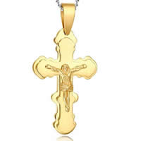 Colgantes de Cruces de acero inoxidable, Cruz del crucifijo, chapado en color dorado, 39x68mm, agujero:aproximado 2-7mm, 30PCs/Bolsa, Vendido por Bolsa