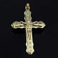 Colgantes de Cruces de acero inoxidable, Cruz del crucifijo, chapado en color dorado, con diamantes de imitación, 37.2x78.7mm, agujero:aproximado 2-7mm, 30PCs/Bolsa, Vendido por Bolsa