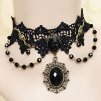 Gothic Necklace, Lace, with Satin Ribbon & Crystal & Resin & Zinc Alloy, with 2.5Inch extender chain, Flower, antique bronze color plated, faceted, black, nickel, lead & cadmium free, 44mm Approx 12 Inch 