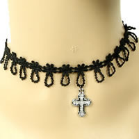 Gothic Necklace, Lace, zinc alloy lobster clasp, with 2.5Inch extender chain, Cross, plated, with rhinestone, black, nickel, lead & cadmium free, 20mm Approx 12 Inch 