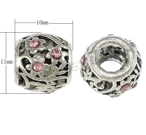Rhinestone Brass European Beads, Drum, plated, without troll & with rhinestone, more colors for choice, 10x11mm, Hole:Approx 5mm, Sold By PC