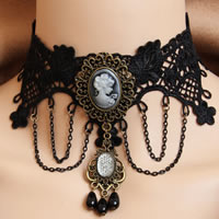 Gothic Necklace, Lace, with brass chain & Resin, zinc alloy lobster clasp, with 2.5Inch extender chain, plated, with plastic pearl, black, nickel, lead & cadmium free, 65mm Approx 12 Inch 