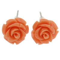 Synthetic Coral Stud Earring, with plastic earnut, brass post pin, Flower, layered, orange 