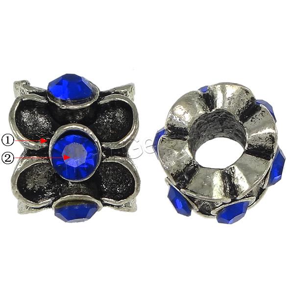 Rhinestone Zinc Alloy European Beads, Flower, plated, without troll & with rhinestone & blacken, more colors for choice, nickel, lead & cadmium free, 9x12mm, Hole:Approx 5mm, Sold By PC