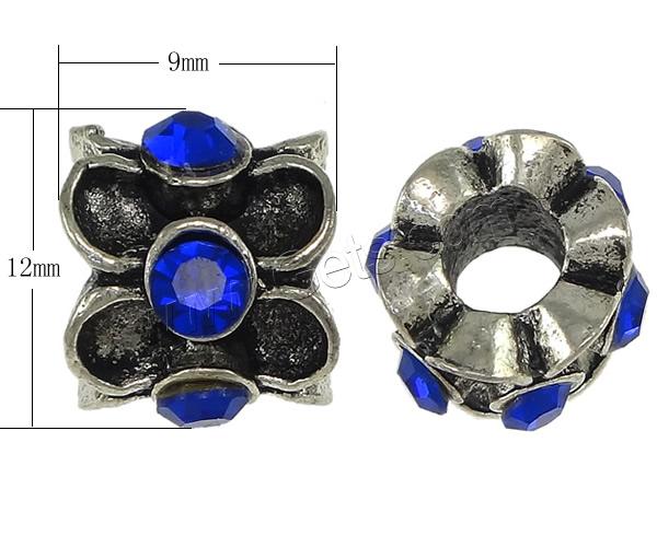 Rhinestone Zinc Alloy European Beads, Flower, plated, without troll & with rhinestone & blacken, more colors for choice, nickel, lead & cadmium free, 9x12mm, Hole:Approx 5mm, Sold By PC