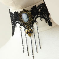 Gothic Necklace, Lace, with brass chain & Resin & Zinc Alloy, with 2.5Inch extender chain, plated, black, nickel, lead & cadmium free, 63mm Approx 12 Inch 