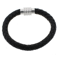 Cowhide Bracelets, stainless steel magnetic clasp & blacken, black, 8mm 