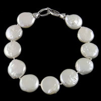 Cultured Freshwater Pearl Bracelets, brass clasp, Coin, natural white, Grade AA, 13-14mm Approx 6.5 Inch 