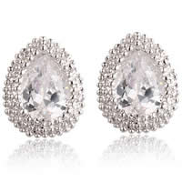 Cubic Zircon Brass Earring, Teardrop, platinum plated, with cubic zirconia, clear, nickel, lead & cadmium free 