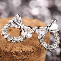 Cubic Zircon Brass Earring, Bowknot, platinum plated, with cubic zirconia, clear, nickel, lead & cadmium free, 12mm 