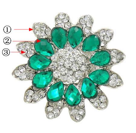 Zinc Alloy Jewelry Brooch, with Acrylic, Flower, plated, faceted & with rhinestone, more colors for choice, 50x50x12mm, Sold By PC