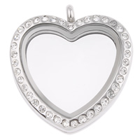 Stainless Steel Floating Locket, with Glass, Heart, with rhinestone, original color Approx 4mm 